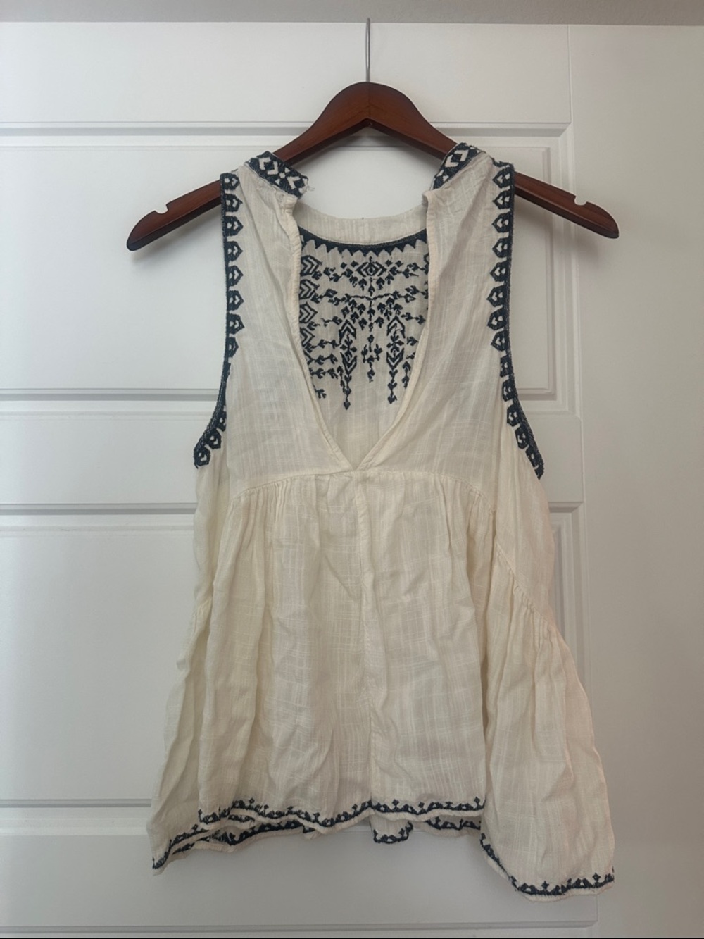 Ecote Ecru Tunic with Navy Embroidered Trim Flowy Top SIZE SMALL